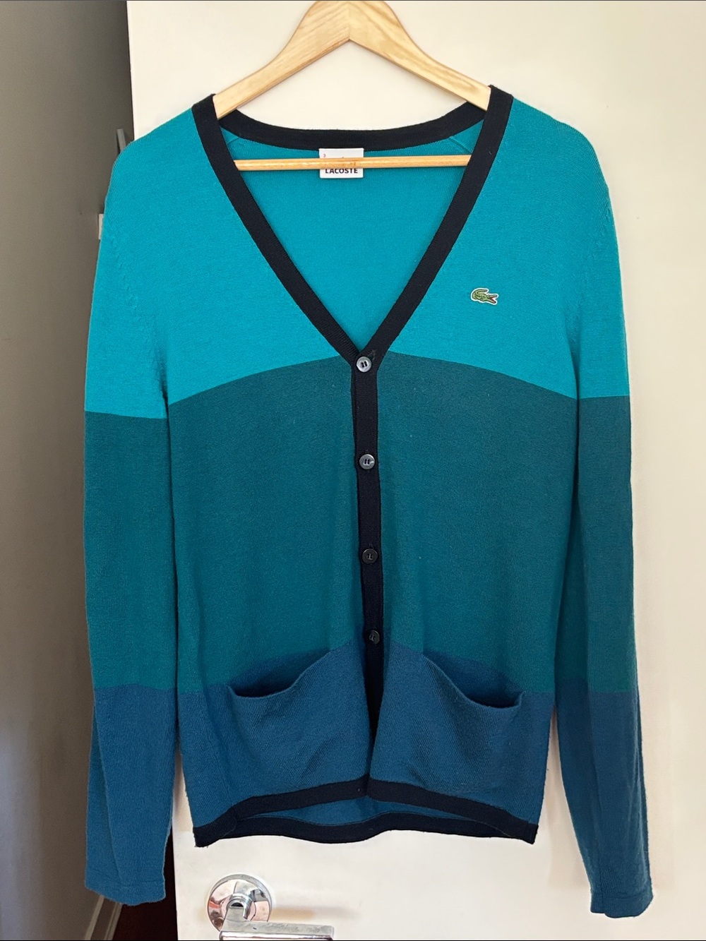 Lacoste Women's Teal and Blue Colorblock V-Neck Cardigan